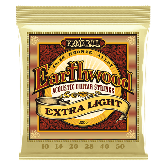 Ernie Ball Earthwood 80/20 Bronze Acoustic Guitar Strings are made from 80% copper, 20% zinc wire wrapped around hex shaped brass plated steel core wire. These acoustic guitar strings provide a crisp, ringing sound with pleasing overtones. Gauges .010, .0