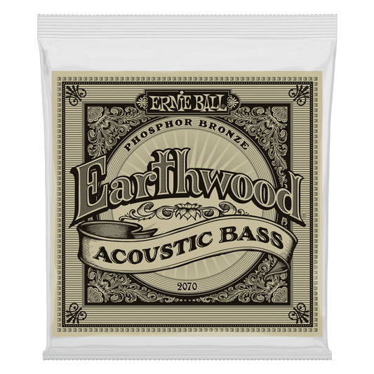 Ernie Ball Earthwood Phosphor Bronze acoustic bass strings are made from 92% copper, 7.7% tin, 0.3% phosphorus wire wrapped around tin plated hex shaped steel core wire. These acoustic bass guitar strings have a light orange, gold color and provide a mell