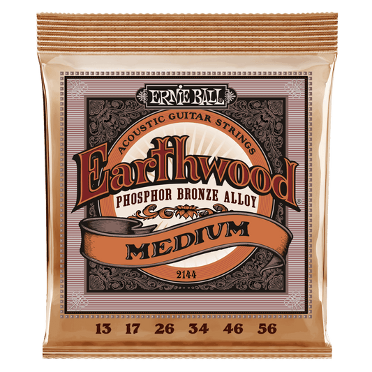 Ernie Ball Earthwood Phosphor Bronze Acoustic Guitar Strings are made from 92% copper, 7.7% tin, 0.3% phosphorus wire wrapped around tin plated hex shaped steel core wire. These guitar strings have a light orange, gold color and provide a mellow, ringing 