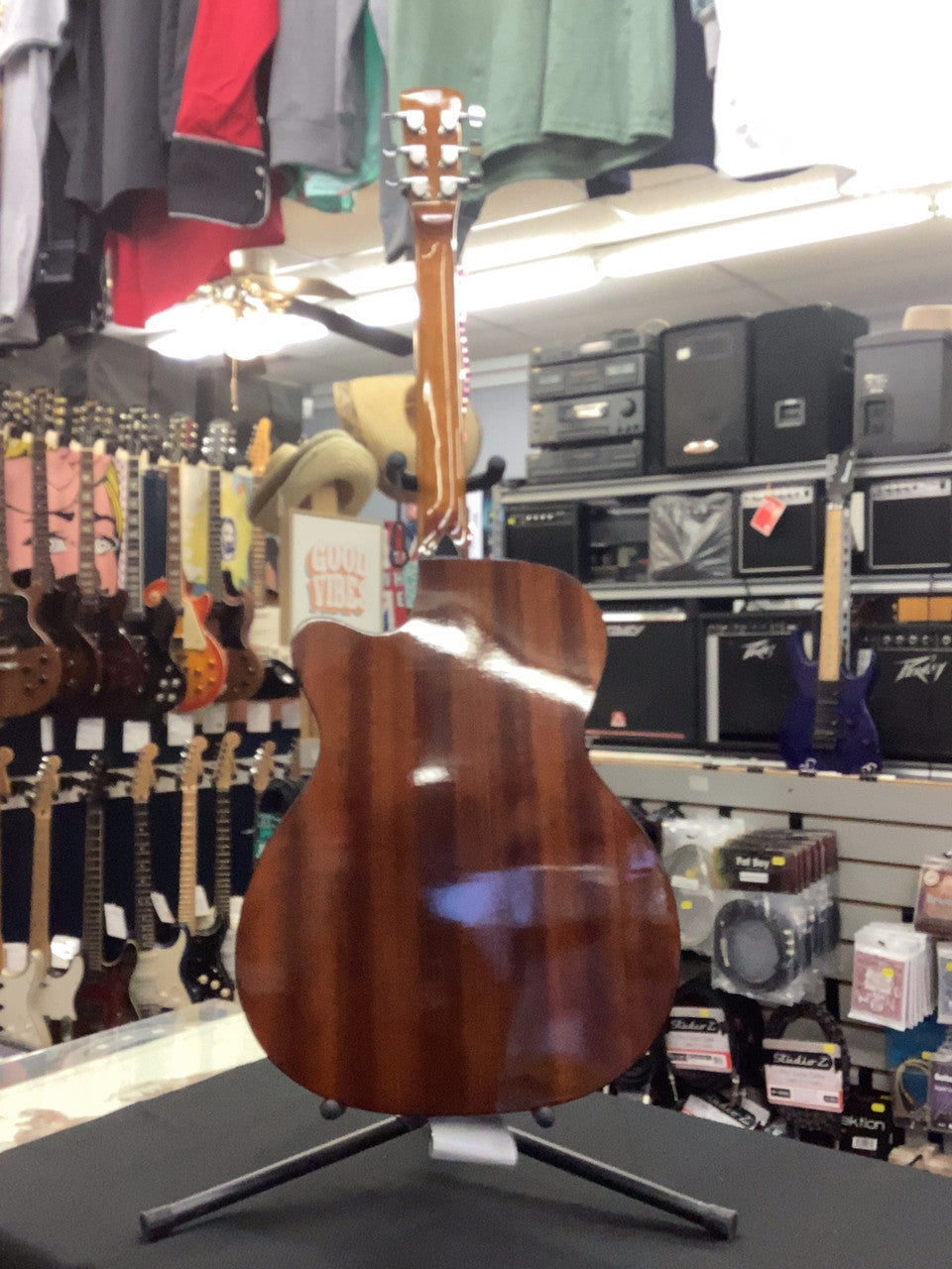 Here we have a Bristol BM-16CE Acoustic Guitar. This is my personal favorite of the acoustics we have in the shop. Its sound strikes the perfect balance between low and high. It feels absolutely fantastic.