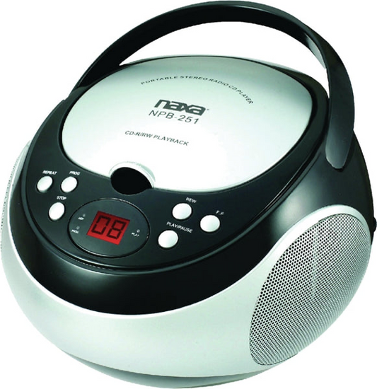 Naxa NPB-251 RED Portable CD Player with AM/FM Stereo Radio Red

Plays CD and CD-R/RW discs

AM/FM radio

3.5mm AUX audio input

Available colors: black, blue, red

Power: AC 120V or 6 x C batteries (not included)

Accessories included: AC power cord

Col