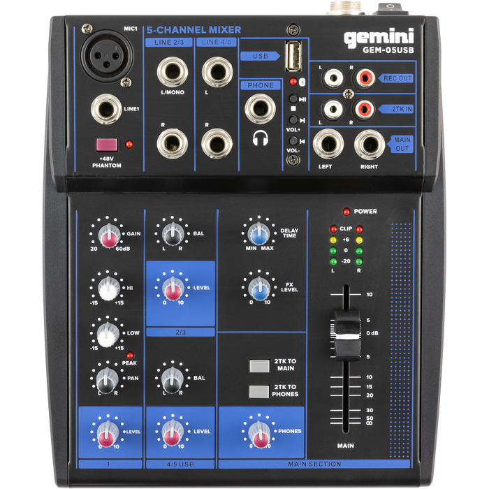 GEM-05USB 5 Channel Mixer with Bluetooth USB

The all-new GEM-05USB mixer designed to make podcasting easier. Equipped with Bluetooth streaming, USB playback, customizable sound, and a 5-input 2-bus mixer. The GEM-05USB brings state-of-the-art professiona