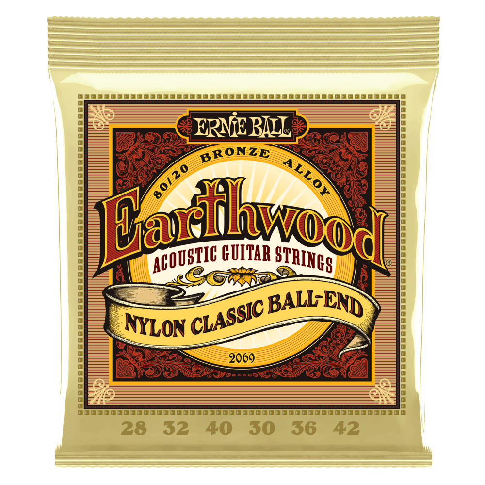 Ernie Ball Folk Nylon acoustic guitar plain strings are made of a solid nylon clear filament. Nylon produces rich pure treble tones with percussive attack. Ernie Ball folk nylon wound strings are made of 80/20 bronze wrapped around a multifilament nylon c