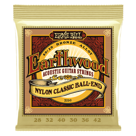 Ernie Ball Folk Nylon acoustic guitar plain strings are made of a solid nylon clear filament. Nylon produces rich pure treble tones with percussive attack. Ernie Ball folk nylon wound strings are made of 80/20 bronze wrapped around a multifilament nylon c