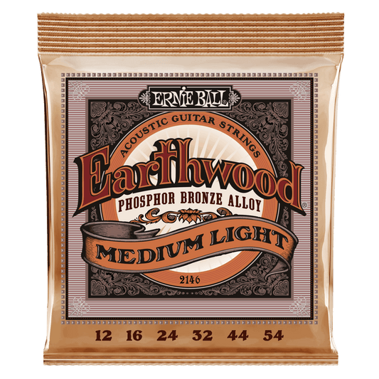 Ernie Ball Earthwood Phosphor Bronze Acoustic Guitar Strings are made from 92% copper, 7.7% tin, 0.3% phosphorus wire wrapped around tin plated hex shaped steel core wire. These guitar strings have a light orange, gold color and provide a mellow, ringing 