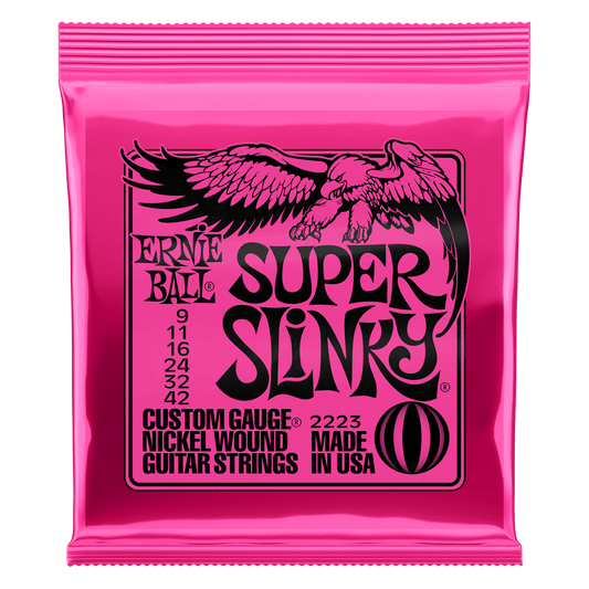 Ernie Ball Nickel Wound Electric Guitar Strings are made from nickel plated steel wire wrapped around tin plated hex shaped steel core wire. The plain strings are made of specially tempered tin plated high carbon steel producing a well balanced tone for y