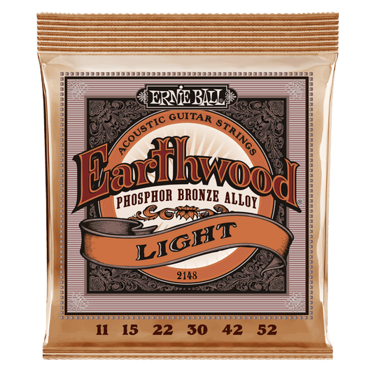 Ernie Ball Earthwood Phosphor Bronze Acoustic Guitar Strings are made from 92% copper, 7.7% tin, 0.3% phosphorus wire wrapped around tin plated hex shaped steel core wire. These guitar strings have a light orange, gold color and provide a mellow, ringing 