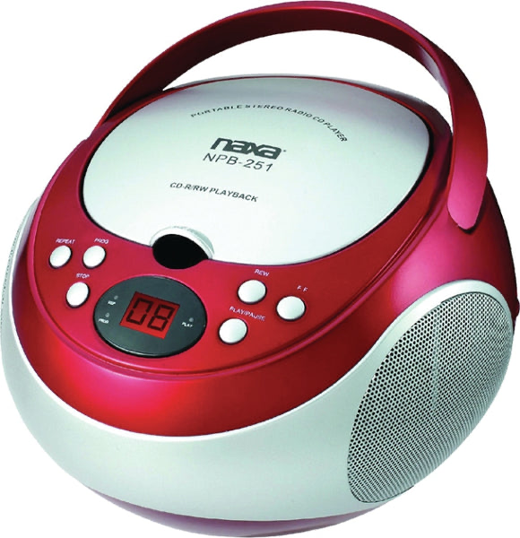 Naxa NPB-251 RED Portable CD Player with AM/FM Stereo Radio Red

Plays CD and CD-R/RW discs

AM/FM radio

3.5mm AUX audio input

Available colors: black, blue, red

Power: AC 120V or 6 x C batteries (not included)

Accessories included: AC power cord

Col