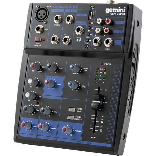 GEM-05USB 5 Channel Mixer with Bluetooth USB

The all-new GEM-05USB mixer designed to make podcasting easier. Equipped with Bluetooth streaming, USB playback, customizable sound, and a 5-input 2-bus mixer. The GEM-05USB brings state-of-the-art professiona