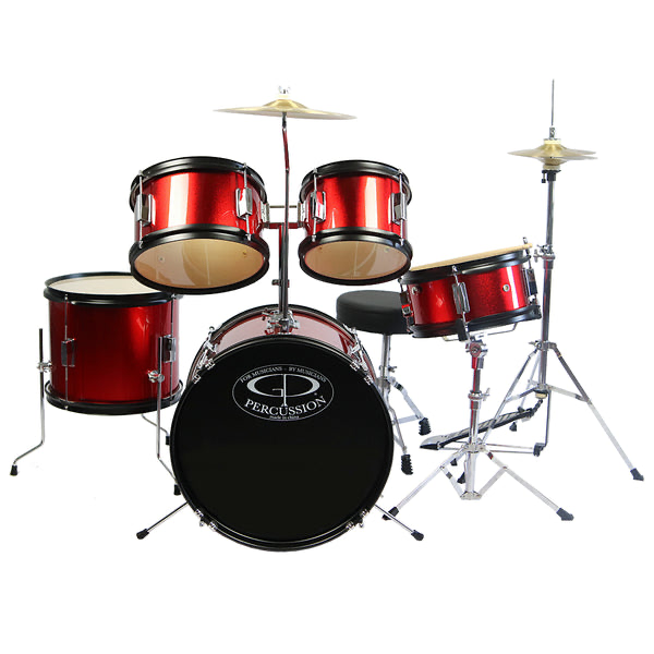 Set includes cymbal and throne

8" & 10" Ride Toms - 4 lug

12" Floor Tom - 4 lug

16" Bass Drum - 4 lug

10" Snare - 4 lug

9.5" Cymbal

8" Hi Hat Cymbals

Bass Drum Pedal

Drum Sticks

Drum Key

Red finish

Set includes cymbal and throne

8" & 10" Ride 