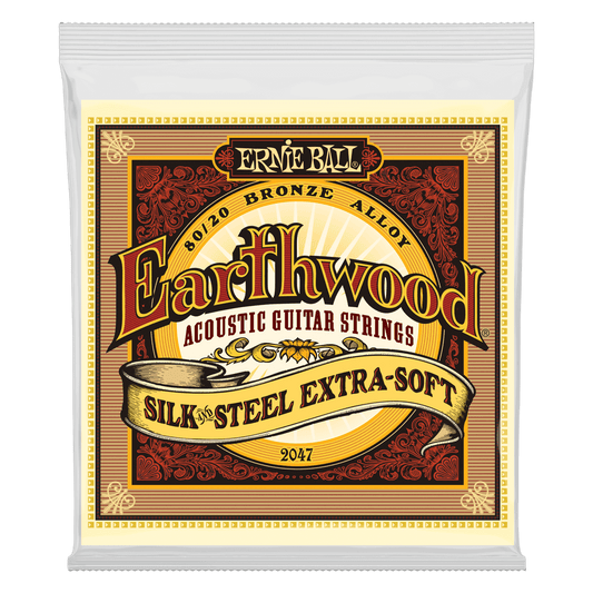 Ernie Ball Earthwood Silk & Steel Extra Soft 80/20 Bronze acoustic guitar strings are made with an 80/20 bronze alloy wrap, along with a layer of silk between the wrap and steel core. The silk produces a more mellow sound and makes the string feel more co