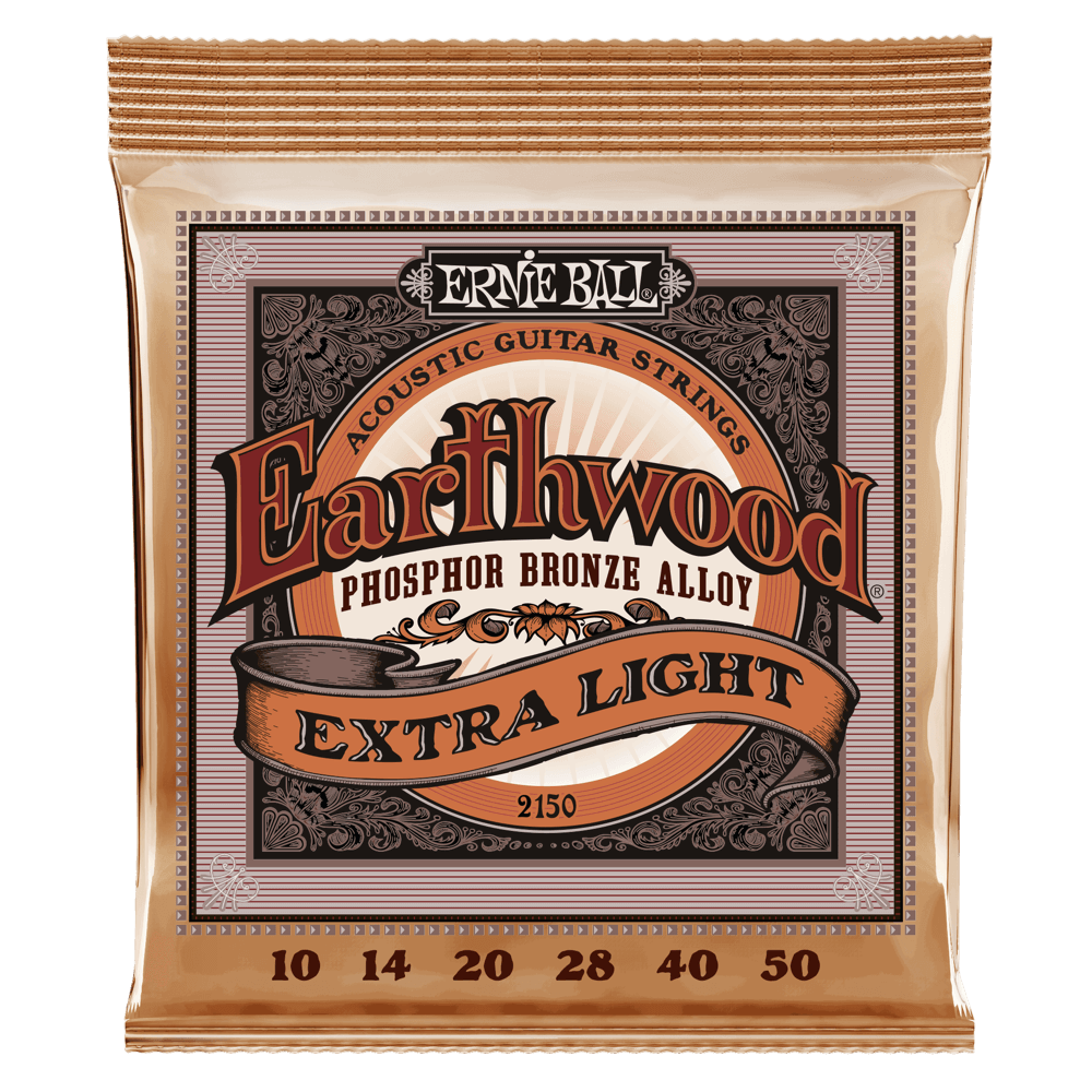 Ernie Ball Earthwood Phosphor Bronze Acoustic Guitar Strings are made from 92% copper, 7.7% tin, 0.3% phosphorus wire wrapped around tin plated hex shaped steel core wire. These guitar strings have a light orange, gold color and provide a mellow, ringing 