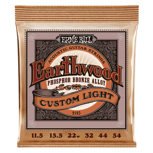 Ernie Ball Earthwood Phosphor Bronze Acoustic Guitar Strings are made from 92% copper, 7.7% tin, 0.3% phosphorus wire wrapped around tin plated hex shaped steel core wire. These guitar strings have a light orange, gold color and provide a mellow, ringing 