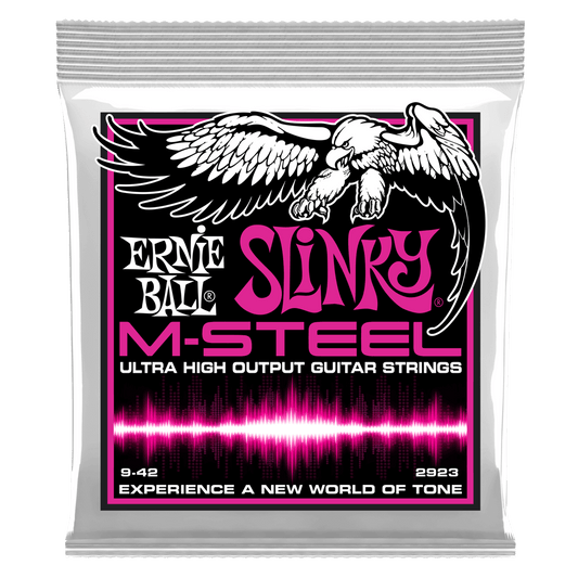 Ernie Ball M-Steel Electric Guitar Strings are made of a patented Super Cobalt alloy wrapped around a Maraging steel hex core wire, producing a richer and fuller tone with a powerful low-end response. M-Steel plain electric guitar strings are comprised of