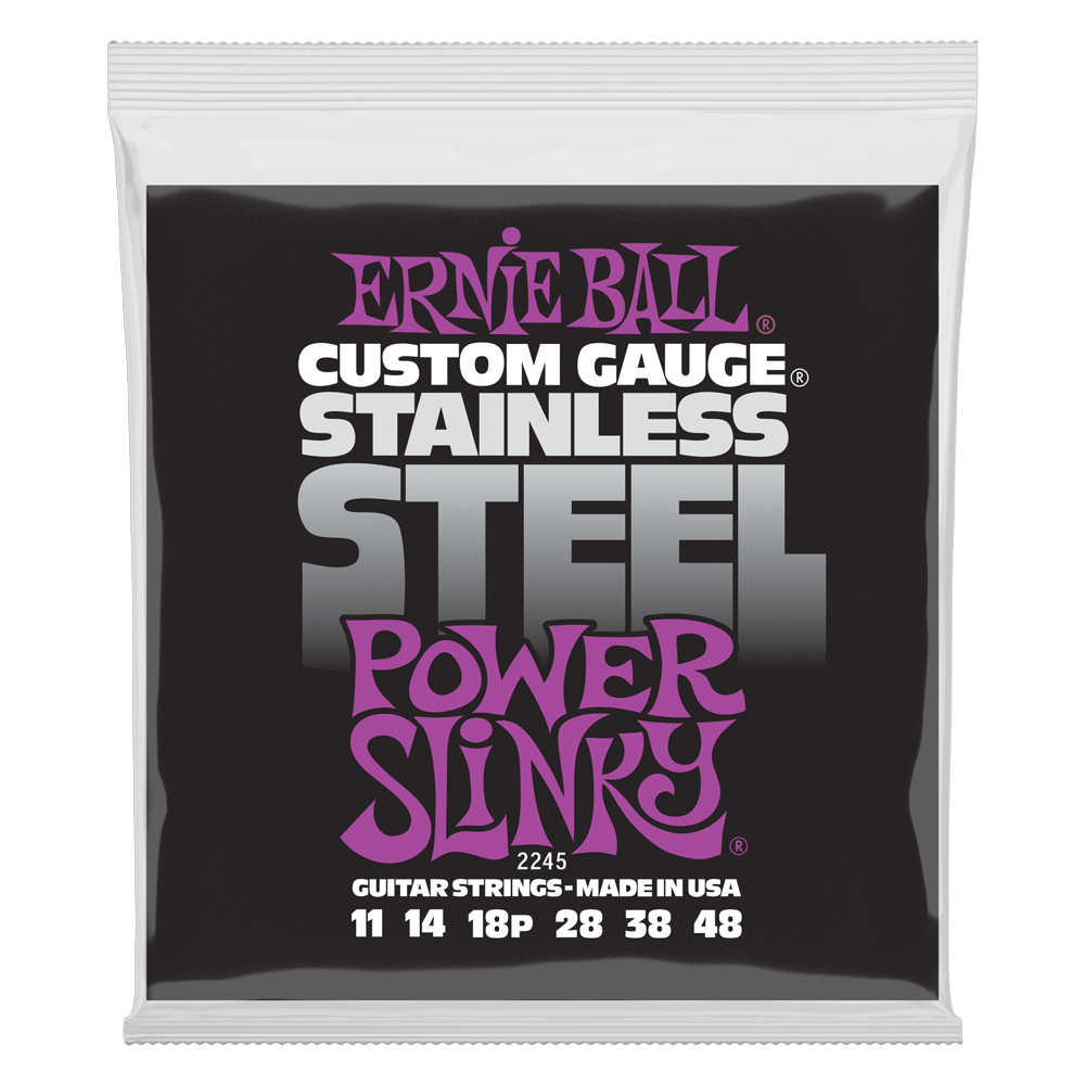 Ernie Ball Slinky Stainless Steel Wound Electric Guitar Strings are made from stainless steel wire wrapped around tin plated, hex shaped, steel core wire. These strings provide brighter tone and longer string life due to stainless steels inherent anti-cor