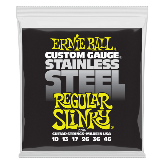 Ernie Ball Slinky Stainless Steel Wound Electric Guitar Strings are made from stainless steel wire wrapped around tin plated, hex shaped, steel core wire. These strings provide brighter tone and longer string life due to stainless steels inherent anti-cor