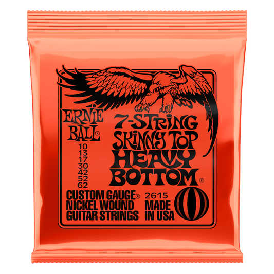 Skinny Top Heavy Bottom 7-String Slinky’s extends the popular 6-string gauge combination for 7-string players. This set is the ultimate mixture for lead players who love to bend for solo work coupled with a heavy bottom end for rhythm and chords. Gauges