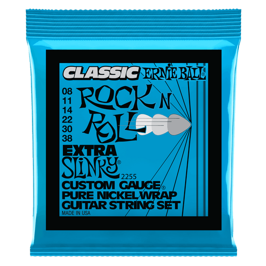 Ernie Ball Slinky Classic Rock N Roll Pure Nickel wrap electric guitar strings are made from pure nickel wire wrapped around tin plated hex shaped steel core wire, these guitar strings produce a warm rich tone with that signature Slinky feel. Gauges .008,