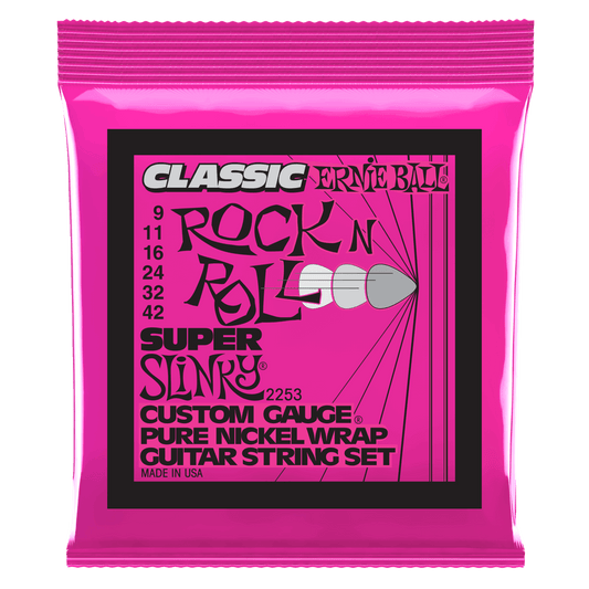 Ernie Ball Slinky Classic Rock N Roll Pure Nickel wrap electric guitar strings are made from pure nickel wire wrapped around tin plated hex shaped steel core wire, these guitar strings produce a warm rich tone with that signature Slinky feel. Gauges .009,