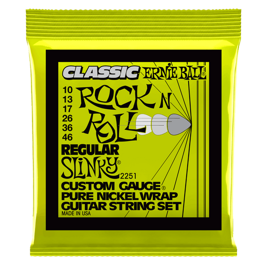 Ernie Ball Slinky Classic Rock N Roll Pure Nickel wrap electric guitar strings are made from pure nickel wire wrapped around tin plated hex shaped steel core wire, these guitar strings produce a warm rich tone with that signature Slinky feel. Gauges .010,