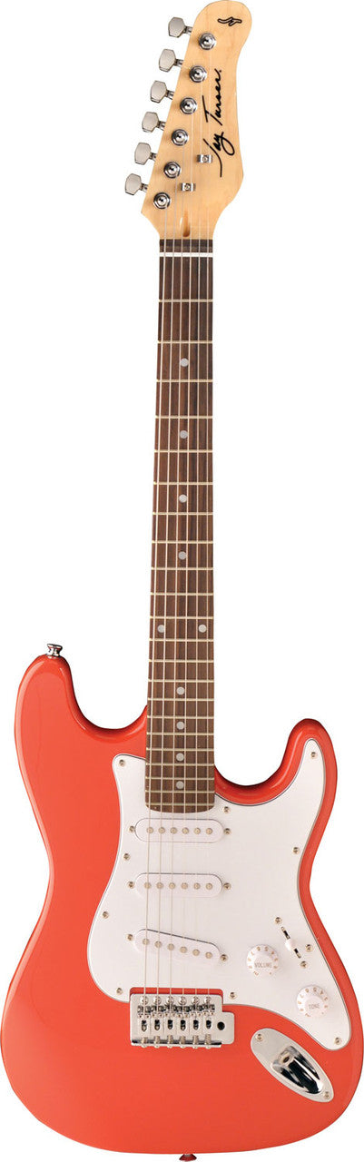 Classic style, double cutaway, lightweight 3/4 size solid body – maple neck, rosewood fingerboard, 3 single-coil pick-ups, 5-way selector switch, 1-V & 1-T, full-face white pick guard, standard tremolo and die-cast machines.
Controls - 1 x Volume, 1 x T