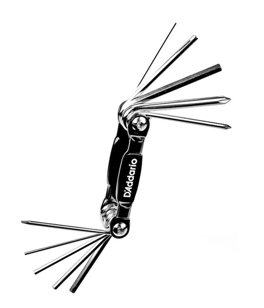 The D'Addario Multi-Tool provides the tools needed for most standard adjustments on your guitar and bass. The multi-tool features US and metric-sized keys made of long-lasting, heat-treated S2 steel in a compact design. At home, in the studio, or on the r