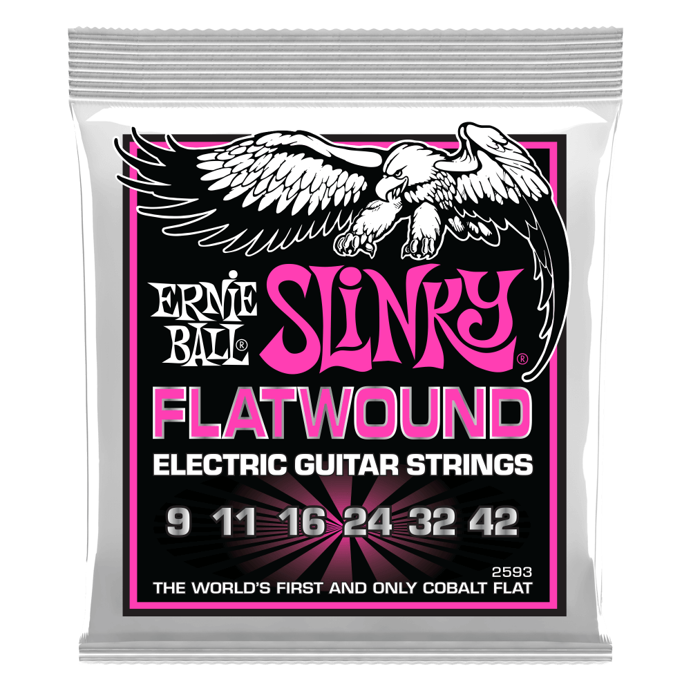 Ernie Ball Slinky Flatwound Electric Guitar Strings combine the classic, roundwound Slinky tone, and effortless playability you love, with the beautifully smooth texture and reduced finger noise of a traditional flatwound. Wound with a patented cobalt all