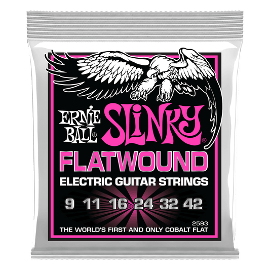 Ernie Ball Slinky Flatwound Electric Guitar Strings combine the classic, roundwound Slinky tone, and effortless playability you love, with the beautifully smooth texture and reduced finger noise of a traditional flatwound. Wound with a patented cobalt all