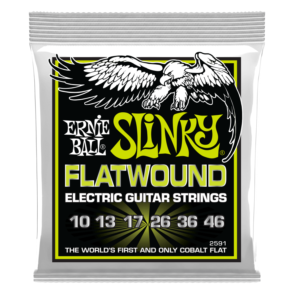 Ernie Ball Slinky Flatwound Electric Guitar Strings combine the classic, roundwound Slinky tone, and effortless playability you love, with the beautifully smooth texture and reduced finger noise of a traditional flatwound. Wound with a patented cobalt all