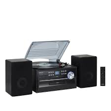 Belt driven 3 speed stereo turntable,cd and cassette player comes with passive speakers 

Auxilary input jack for audio players
front loaded CD player 
CD-R/RW compatible 
repeat 1 or all
skip/search forward and reverse options
random play
programmable me