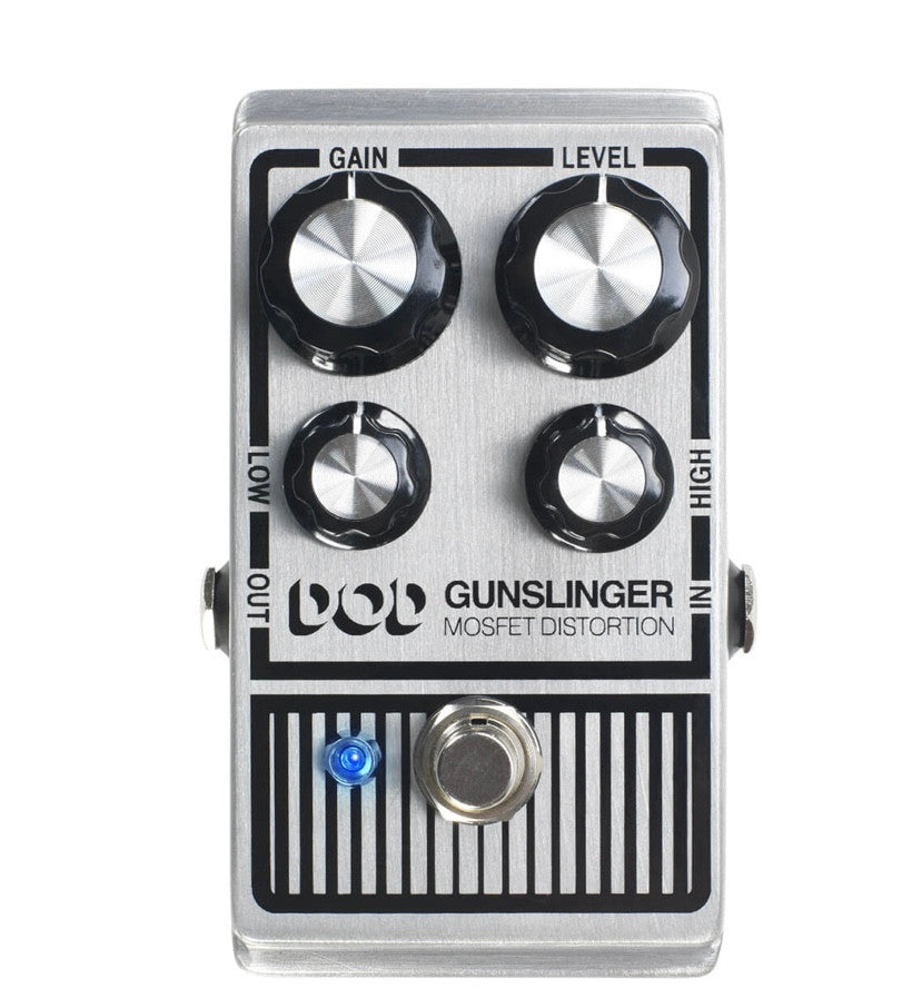 From explosive chord work to high velocity leads, the new DOD Gunslinger Mosfet Distortion has the touch sensitivity, string-separation and saturation to do all your dirty work. The Gunslinger packs features like separate Low and High tone controls, a wid