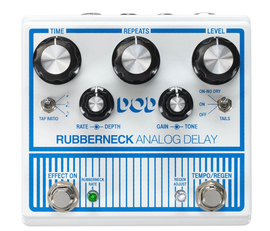 The new DOD Rubberneck Analog Delay has double the features with the cool new double-wide chassis. The Rubberneck boasts over a second of warm and musical 100% analog repeats you crave, along with tap-tempo, subdivisions, and tails. Double concentric knob