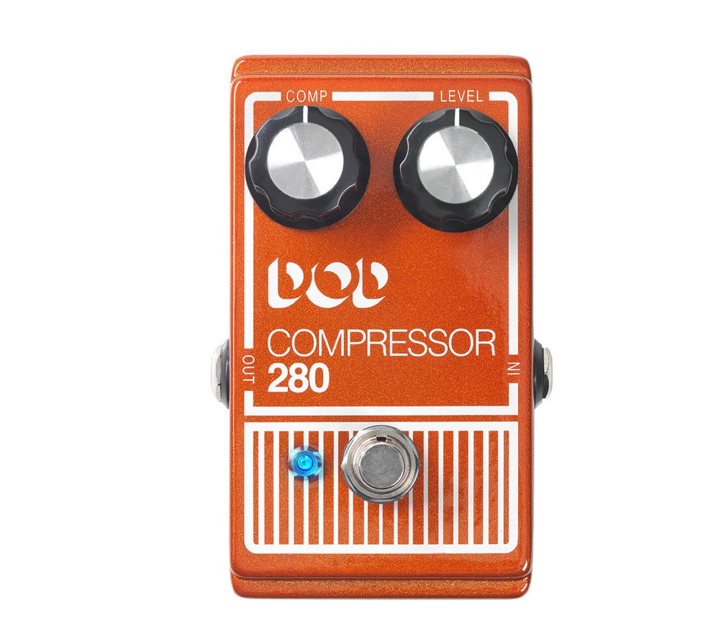 Fresh squeezed. We proudly present the DOD Compressor 280. With the DOD 280, you can tame the wildest peaks and even out dynamics between single notes and chords. Deftly tear your way through licks that blend fretted notes and open strings without dramati