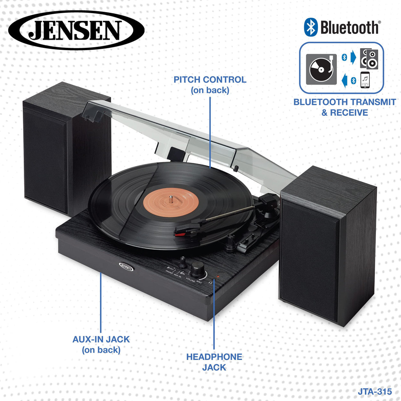 Bluetooth transmission wirelessly play your records to paired BT speakers
3 speed stereo drive 33/45/78
auxillary input jack for connecting mp3 players or phones
pitch adjust for optimizing record speed and sound quality
metal tone arm
auto stop switch
st