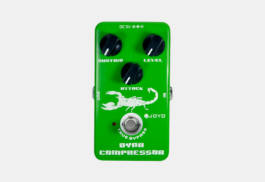 re-creation of the classic Ross compressor, with very low noise. Use the Sustain, Attack, and Level knobs to find your ideal tone. Tweek the Attack to boost your bottom end and level off high-output pickups.
True bypass design minimizes tone loss.
 Alumin