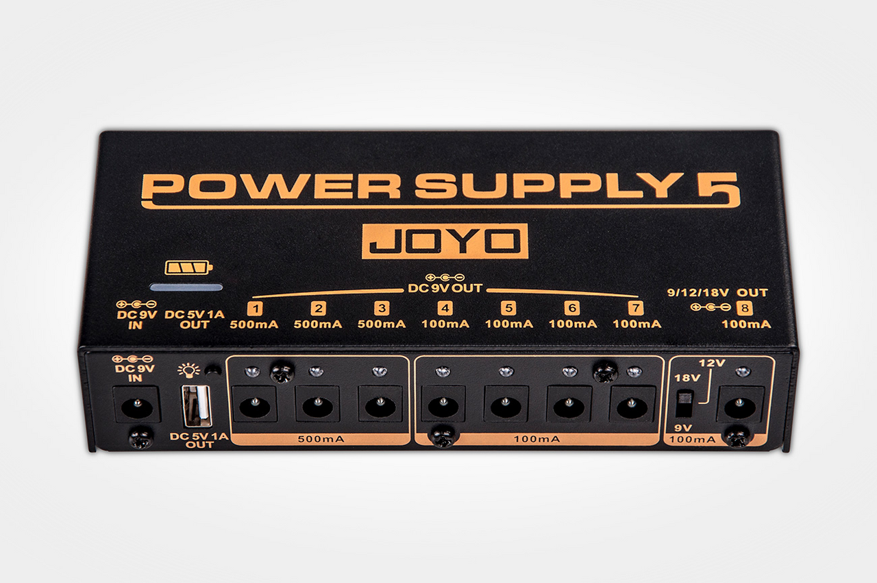 JOYO's JP-05 power supply has 8 DC outputs and 1 standard USB output, one of the 8 outputs can be switched between 9V, 12V and 18V for the odd pedals in your collection that just want a little bit more voltage. The 5V USB output enables you to load your c