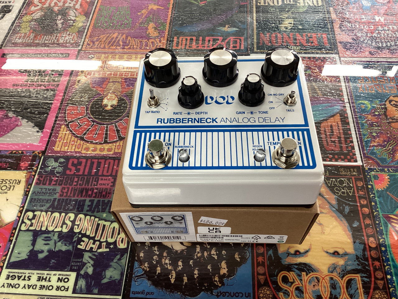 The new DOD Rubberneck Analog Delay has double the features with the cool new double-wide chassis. The Rubberneck boasts over a second of warm and musical 100% analog repeats you crave, along with tap-tempo, subdivisions, and tails. Double concentric knob